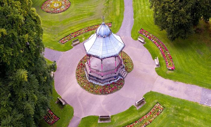 An aerial shot of the band stand where concerts are held during the summer.